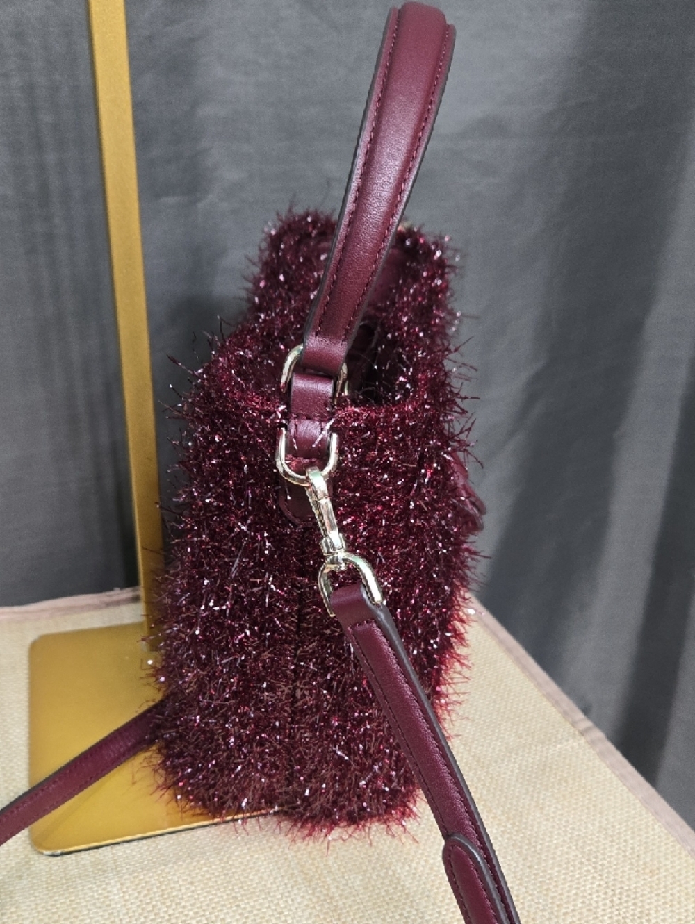 Like-new! kate spade Burgundy Metallic Tinsel Drawstring Bucket Bag - Picture 3 of 8